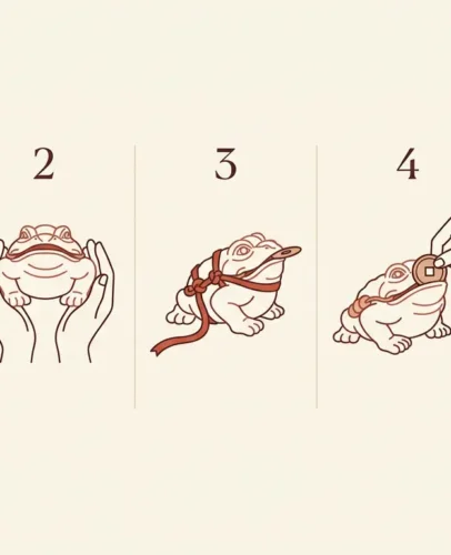 activate-feng-shui-money-frog-5-steps Five-step feng shui money frog activation ritual showing cleansing, intention setting, red ribbon, I-Ching coin placement, and inward-facing position
