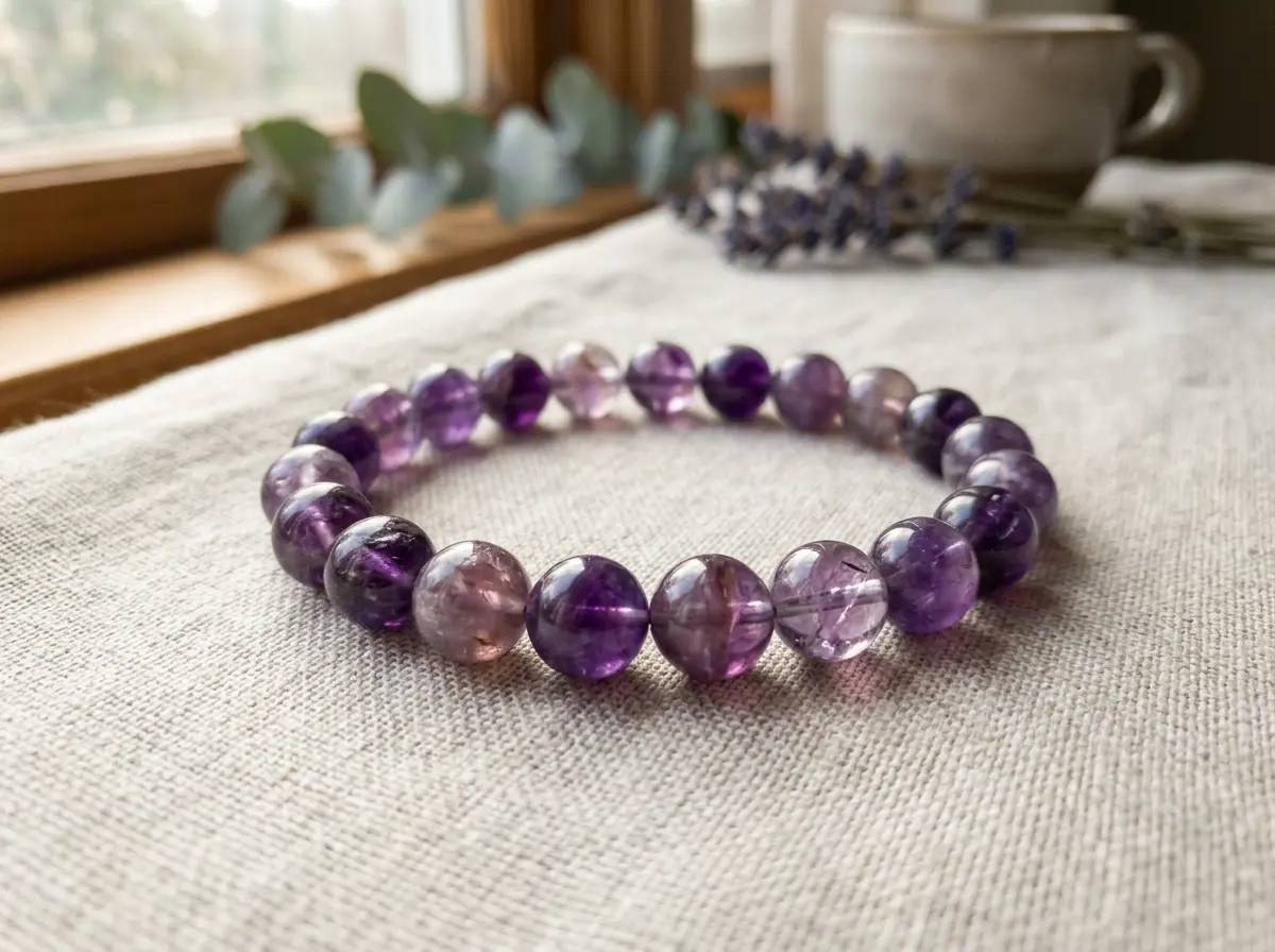 Natural purple amethyst beaded bracelet resting on a light neutral surface