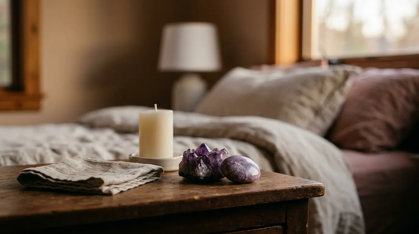 Amethyst and lepidolite stones on a nightstand beside a candle for a bedtime calming ritual