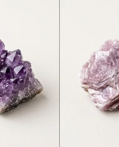 amethyst-vs-lepidolite-anxiety-comparison Side-by-side comparison of purple amethyst and lilac lepidolite calming stones for anxiety
