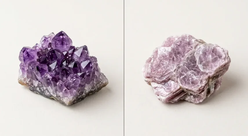 amethyst-vs-lepidolite-anxiety-comparison Side-by-side comparison of purple amethyst and lilac lepidolite calming stones for anxiety