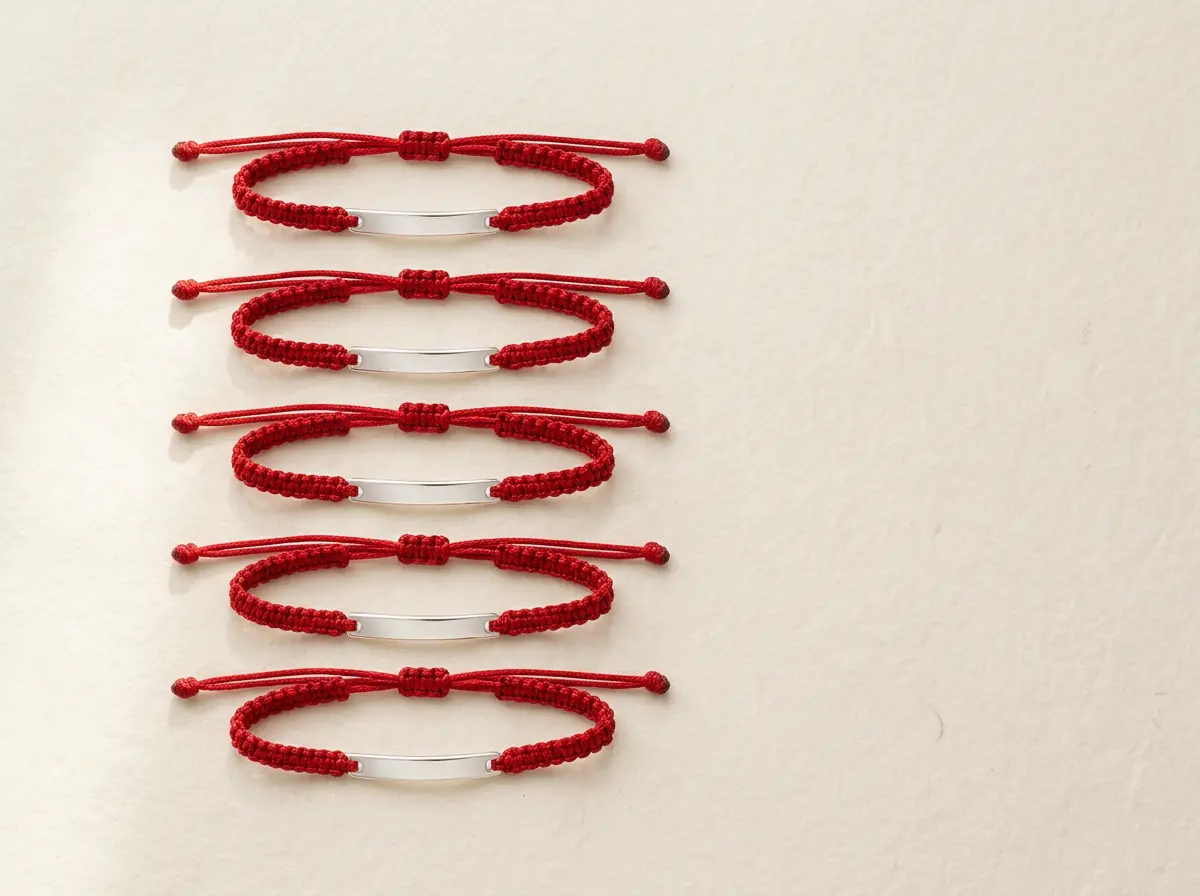 Five red string angel number bracelets arranged in a row, each with a silver bar charm engraved with a repeating number sequence