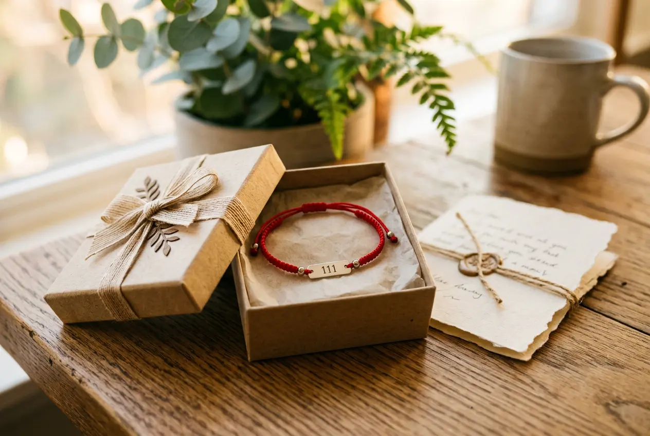 Red string angel number bracelet in an open gift box beside a handwritten meaning card, ready to give