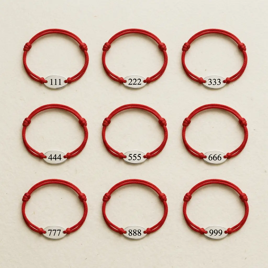 Nine red string angel number bracelets from 111 to 999 shown in a grid to compare their meanings
