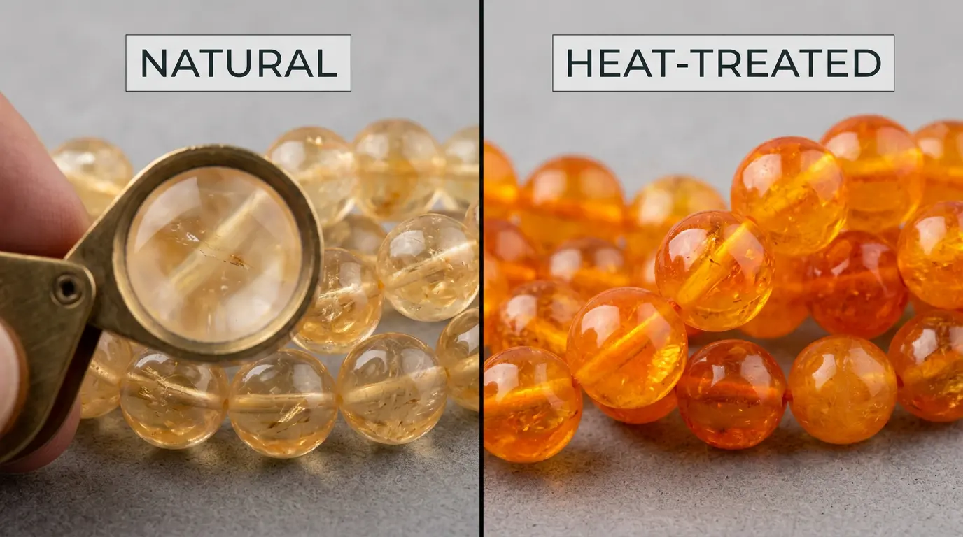 Close-up comparing natural golden-amber citrine beads with harsh orange heat-treated imitation beads to spot a fake