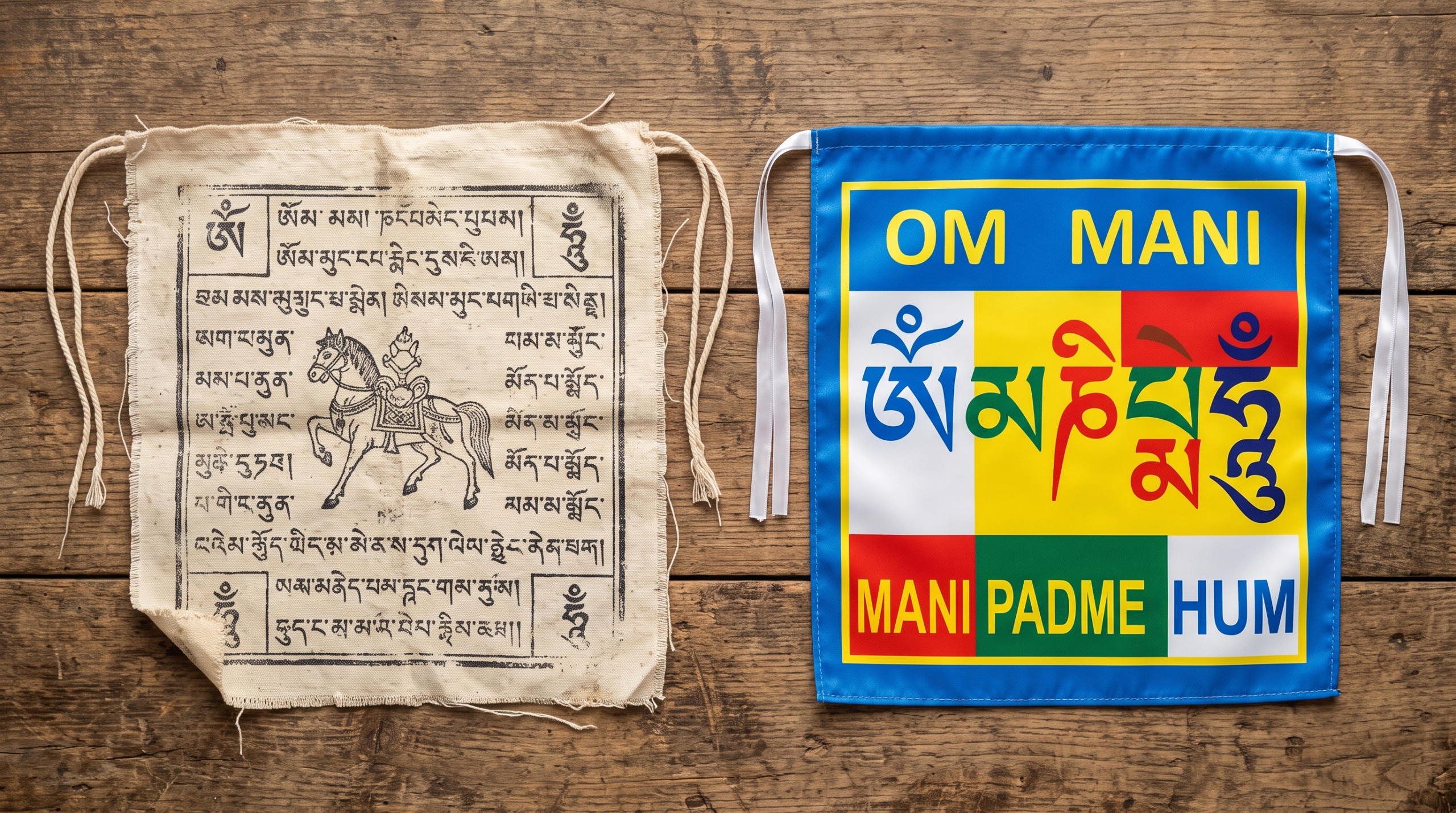 Comparison of authentic block-printed cotton Tibetan prayer flags beside mass-produced polyester versions