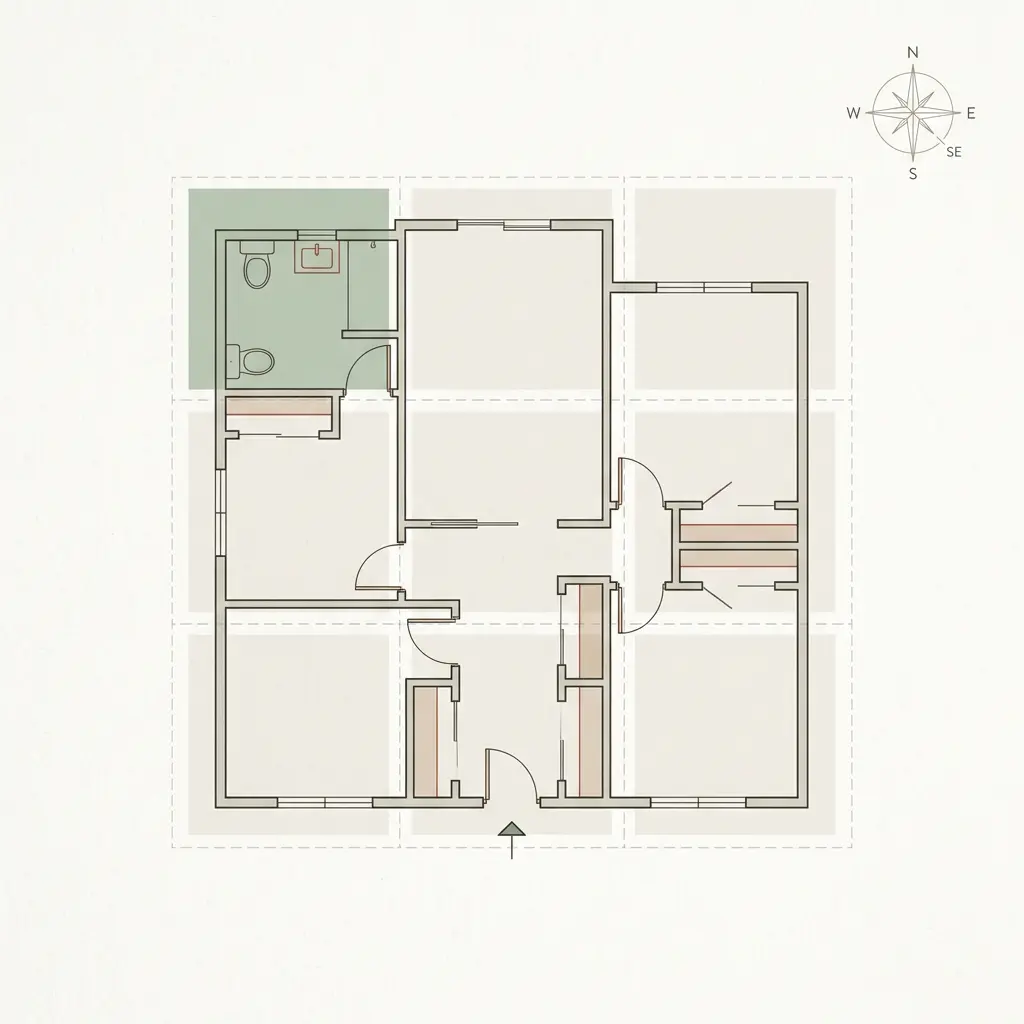 Bagua map 3x3 grid overlaid on a floor plan showing a bathroom located in the southeast Xun wealth corner