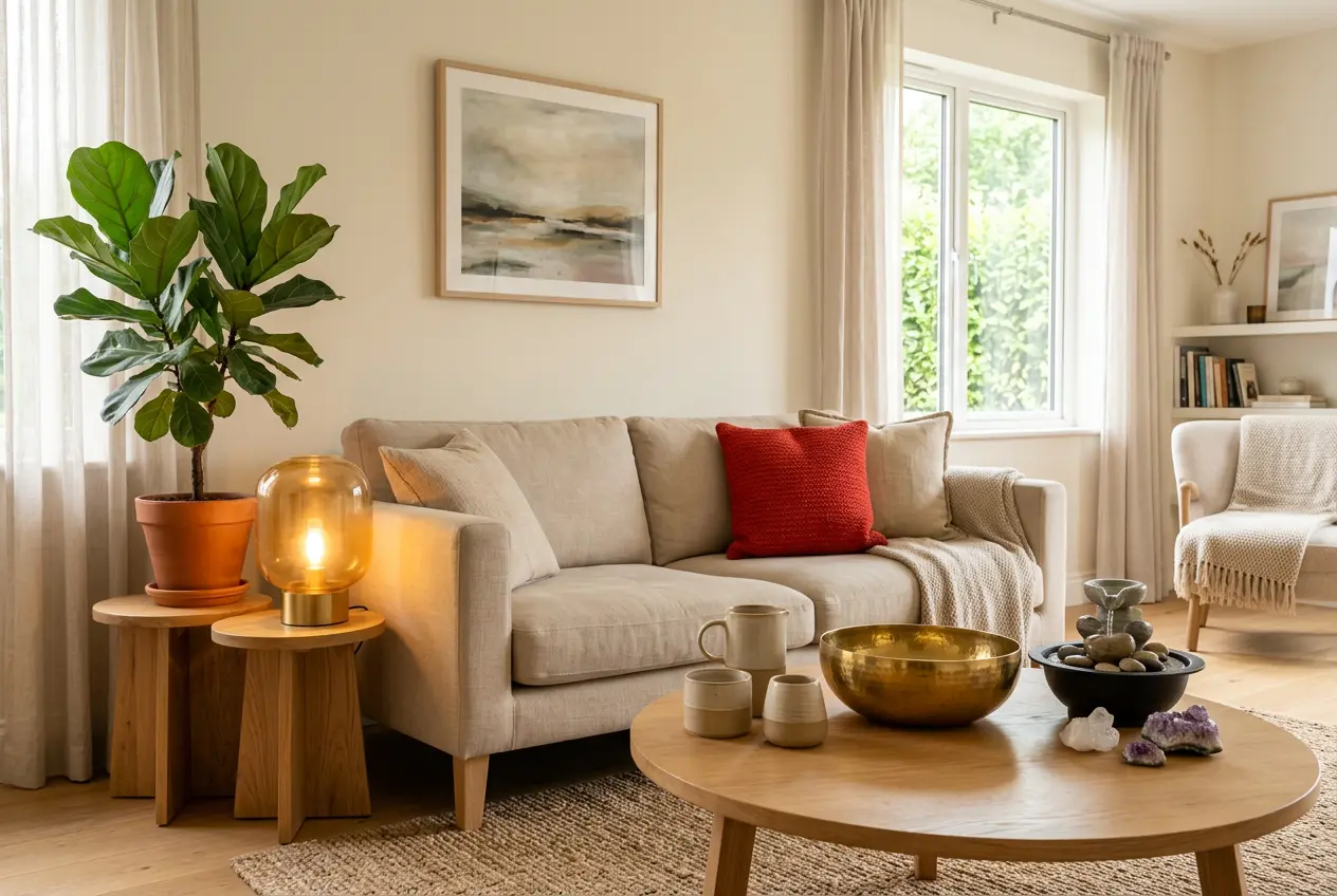 Cozy living room styled with feng shui five-element decor, including green plants, warm lighting, earthy tones, metal accents, and a small water feature