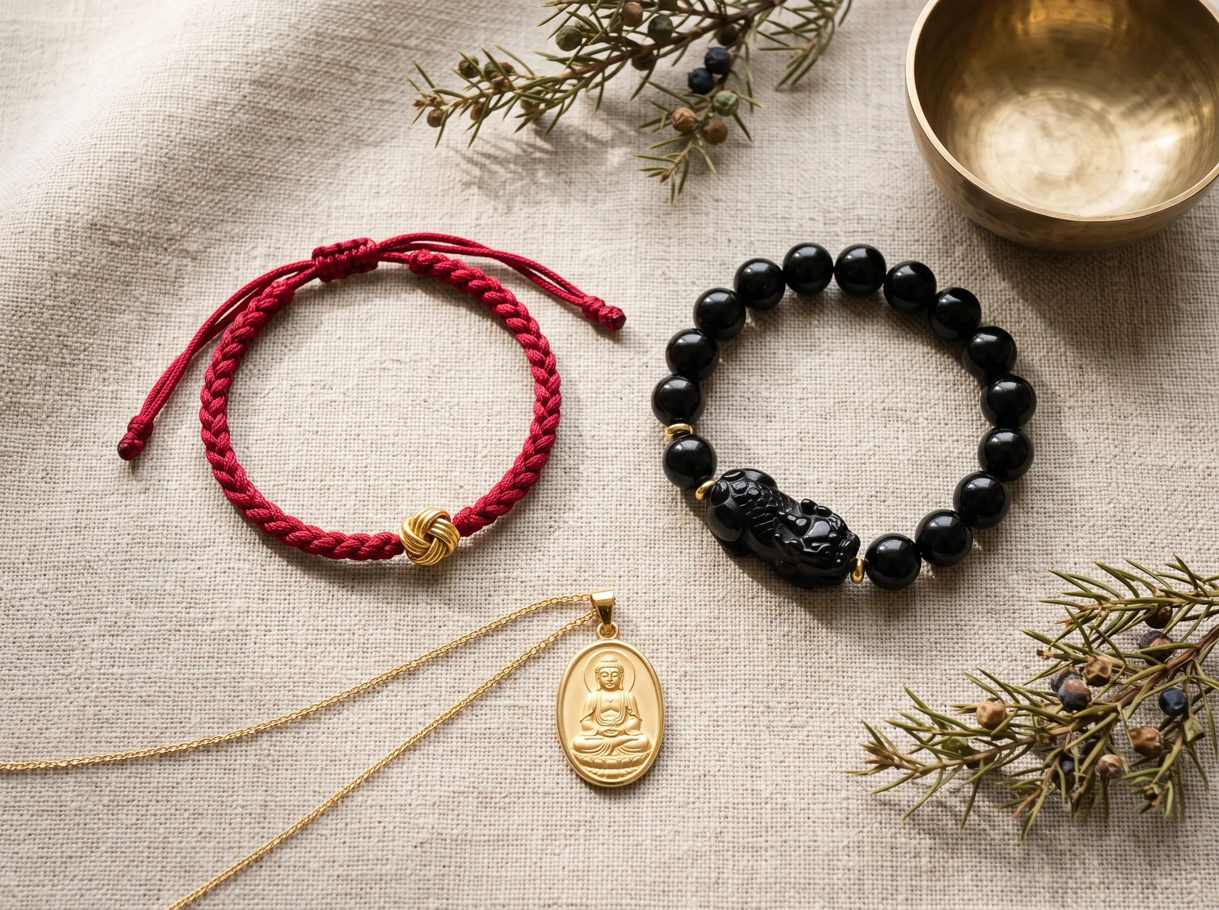 Red string bracelet, black obsidian Pixiu bracelet, and guardian Buddha pendant arranged on natural linen