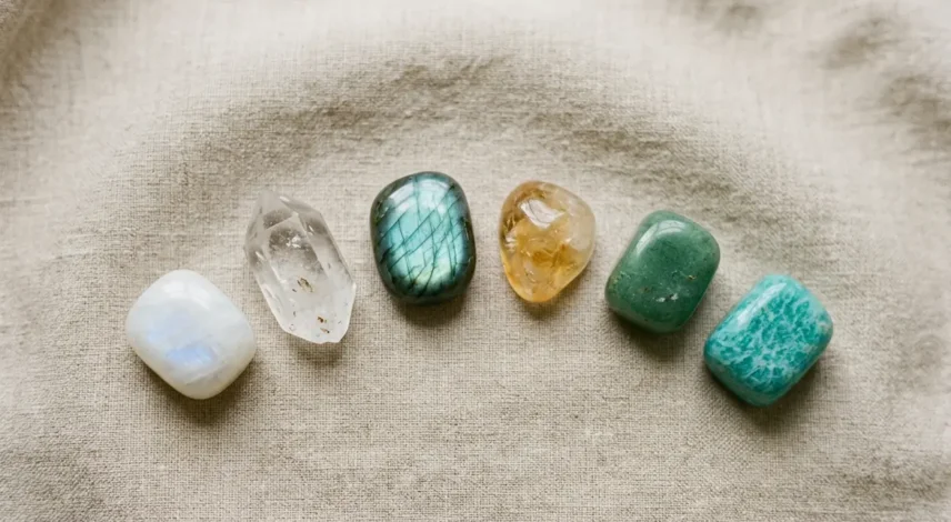 best-crystals-for-new-beginnings-flatlay Six crystals for new beginnings arranged on linen: moonstone, clear quartz, labradorite, citrine, green aventurine, and amazonite