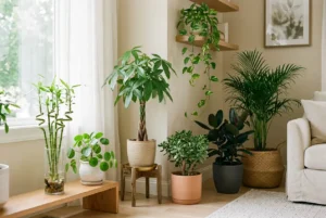 Seven feng shui plants for wealth including a money tree, jade plant, and lucky bamboo in a sunlit living room corner