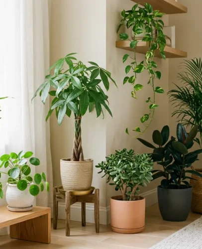 best-feng-shui-plants-for-wealth-living-room Seven feng shui plants for wealth including a money tree, jade plant, and lucky bamboo in a sunlit living room corner