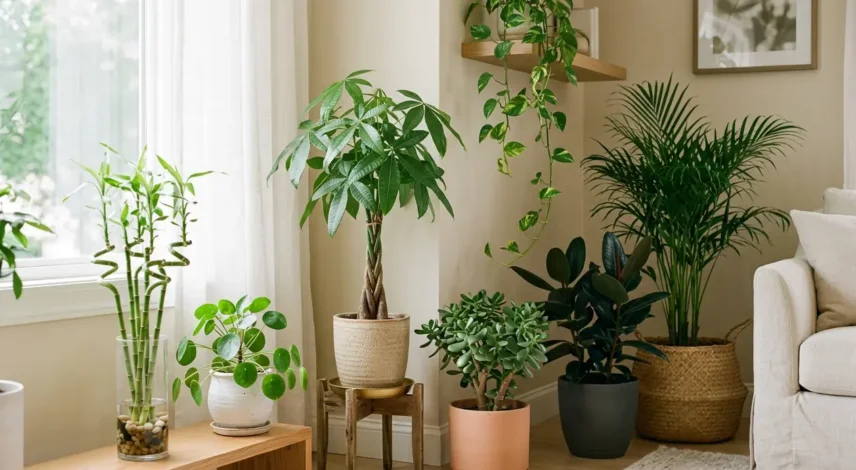 best-feng-shui-plants-for-wealth-living-room Seven feng shui plants for wealth including a money tree, jade plant, and lucky bamboo in a sunlit living room corner