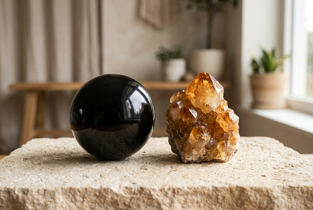 Palm-sized polished black obsidian stone beside a golden citrine crystal cluster on a pale stone surface near a doorway