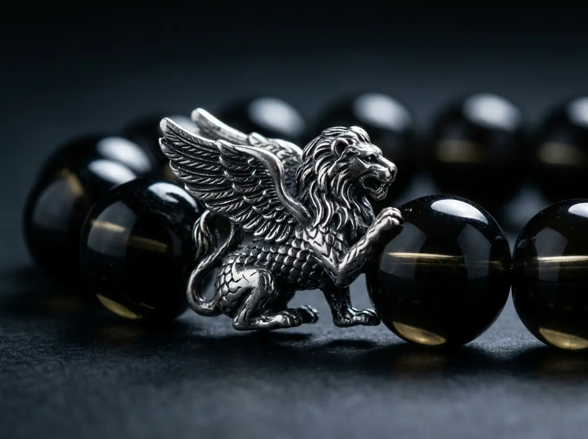 Macro close-up of a carved silver Pixiu charm resting among glossy 12mm black obsidian volcanic glass beads