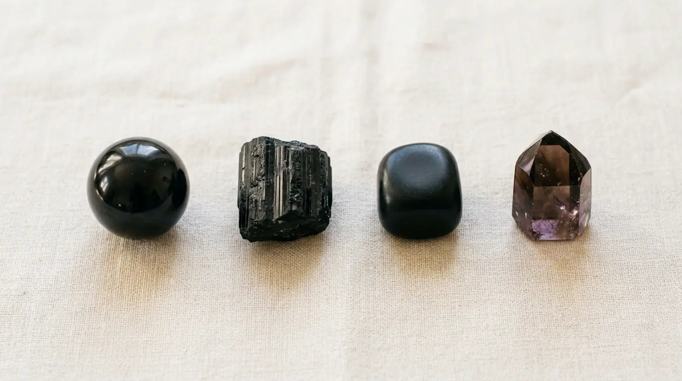 Side-by-side comparison of four dark protective stones: glassy black obsidian, striated raw black tourmaline, smooth matte black onyx, and translucent brown-black smoky quartz, each labeled on a light neutral background