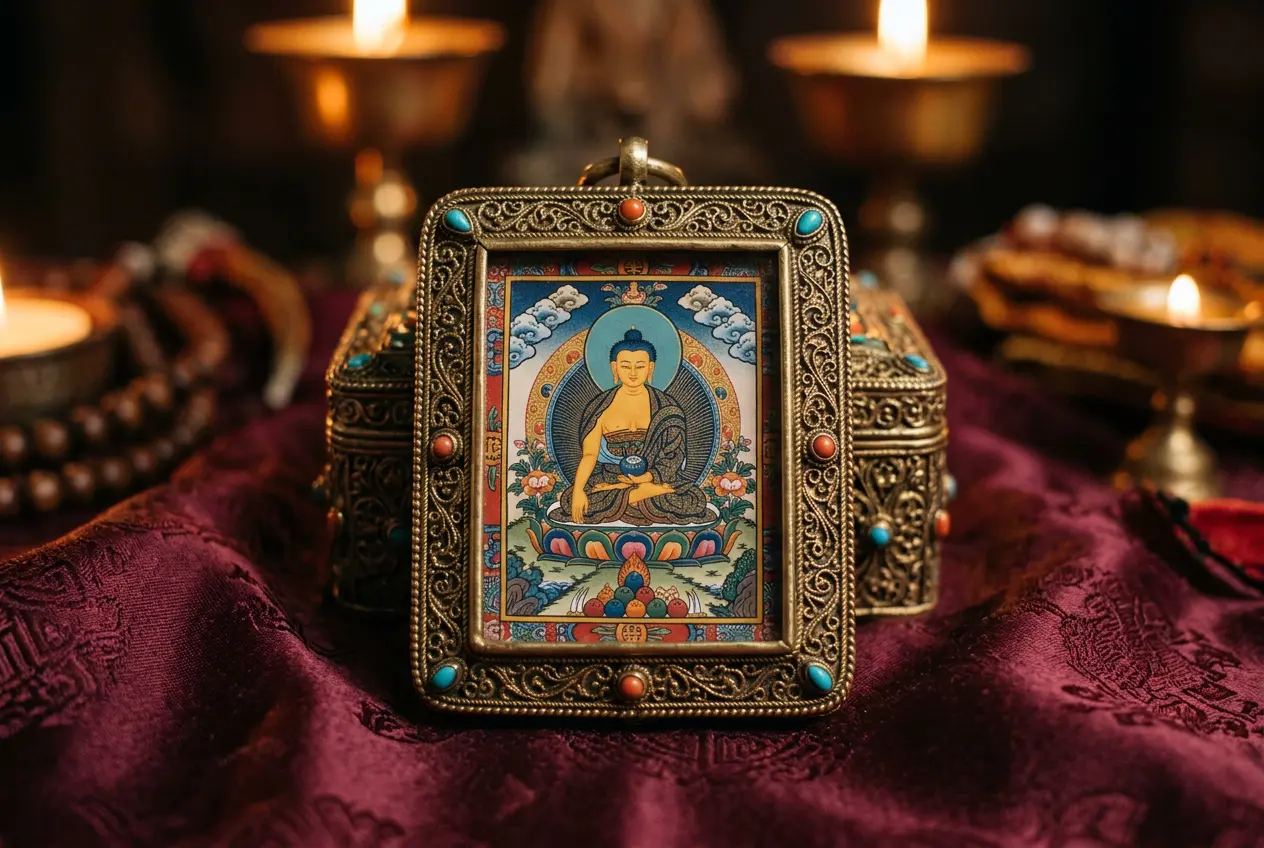 Hand-painted Tibetan Thangka Buddha pendant in a Gawu box, presented as a blessed heirloom Christmas gift