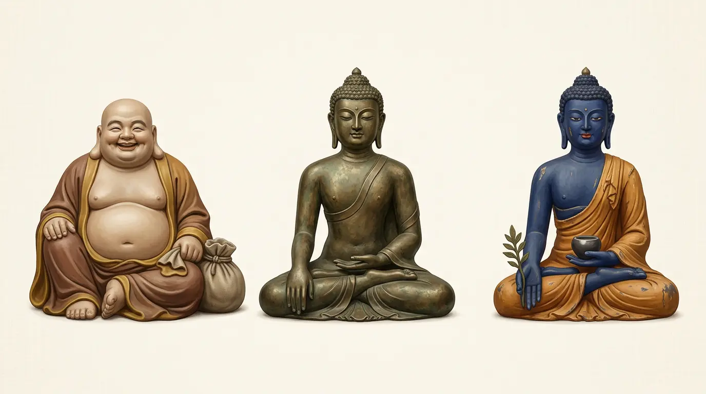 Side-by-side comparison of the Laughing Buddha Budai with cloth sack, slim Shakyamuni Buddha touching the earth, and blue Medicine Buddha holding a healing bowl