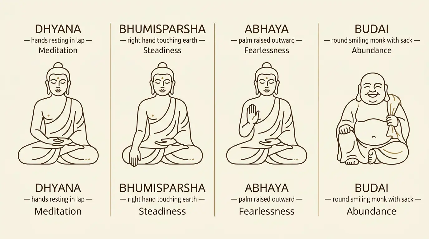 Comparison chart of four Buddha figures and mudras showing which gesture suits which gift occasion