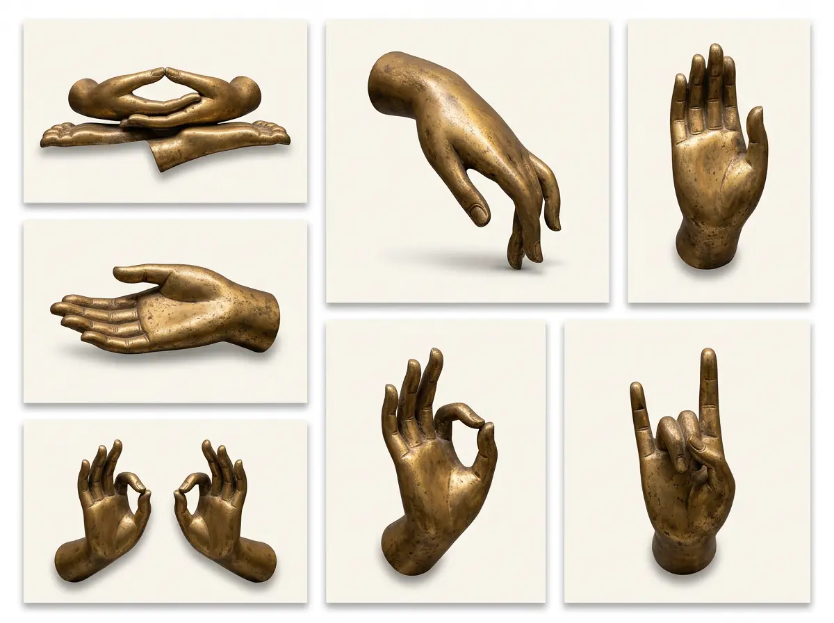 Chart of seven Buddha mudras showing hand positions for dhyana, bhumisparsha, abhaya, varada, dharmachakra, vitarka, and karana gestures