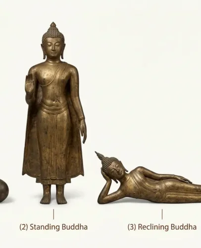 buddha-statue-four-postures-comparison Comparison chart of four Buddha statue postures — seated in lotus, standing with raised palm, reclining on the right side, and walking mid-stride