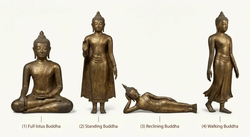 buddha-statue-four-postures-comparison Comparison chart of four Buddha statue postures — seated in lotus, standing with raised palm, reclining on the right side, and walking mid-stride