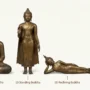buddha-statue-four-postures-comparison Comparison chart of four Buddha statue postures — seated in lotus, standing with raised palm, reclining on the right side, and walking mid-stride