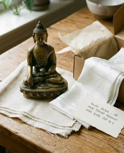 buddha-statue-gift-wrapped-presentation Seated brass Buddha statue presented upright as a gift beside a khata scarf and handwritten card