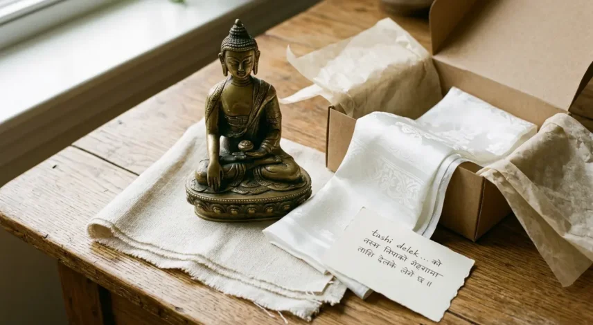 buddha-statue-gift-wrapped-presentation Seated brass Buddha statue presented upright as a gift beside a khata scarf and handwritten card