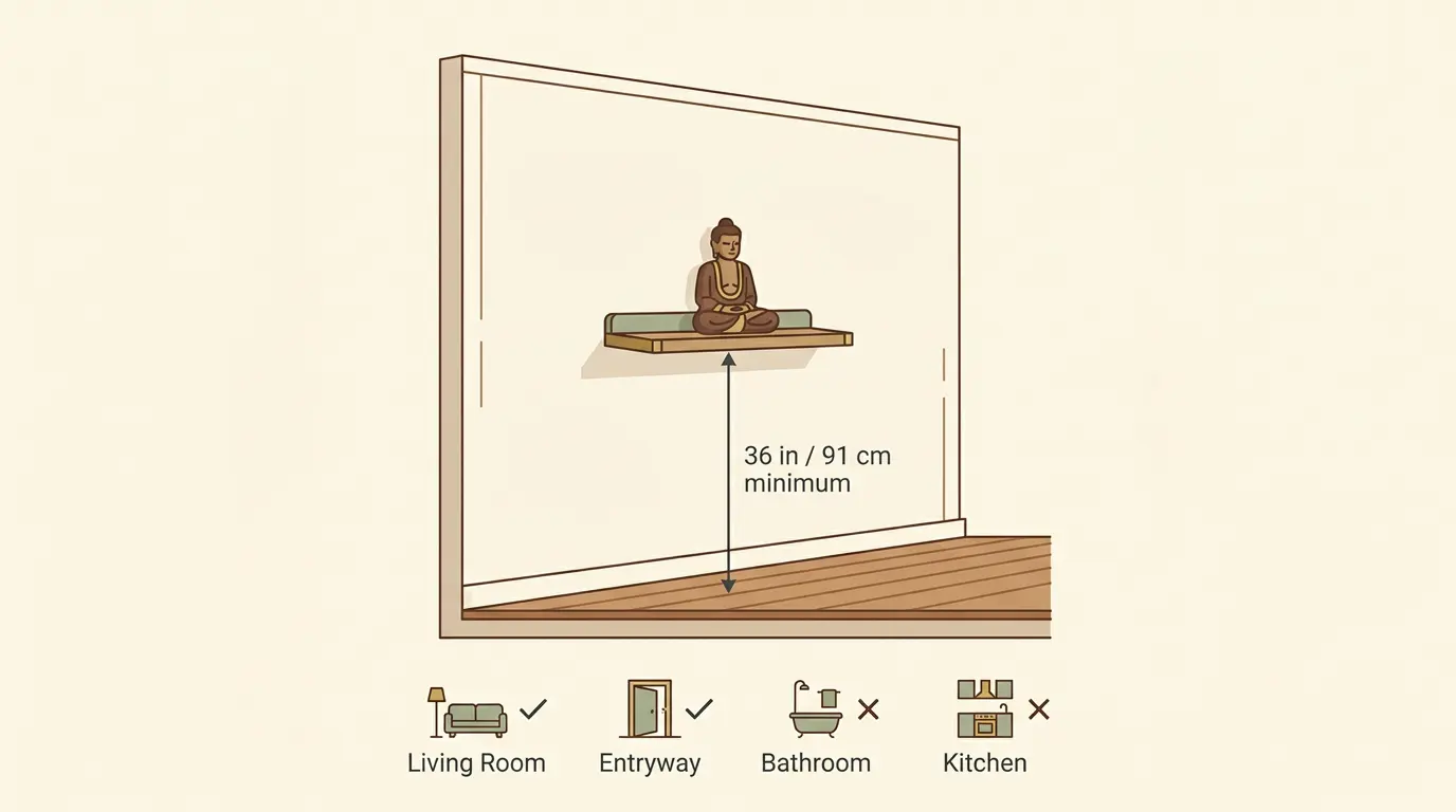 Placement diagram showing a Buddha statue on a shelf at least 36 inches above the floor facing the room