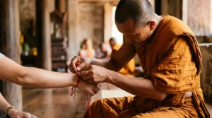 Buddhist monk tying a red blessed bracelet onto a person's wrist as a blessing