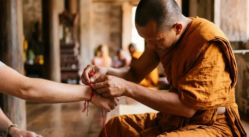 buddhist-monk-bracelet-meaning-hero Buddhist monk tying a red blessed bracelet onto a person's wrist as a blessing