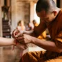 buddhist-monk-bracelet-meaning-hero Buddhist monk tying a red blessed bracelet onto a person's wrist as a blessing