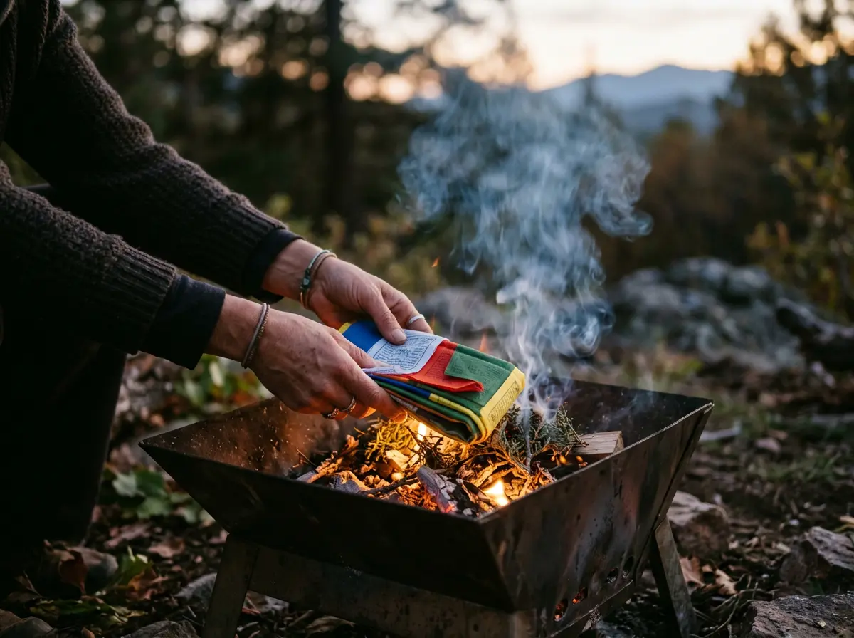 Hands placing folded cotton Tibetan prayer flags into a small contained fire with fragrant juniper, the traditional way to burn old prayer flags so smoke carries their blessings