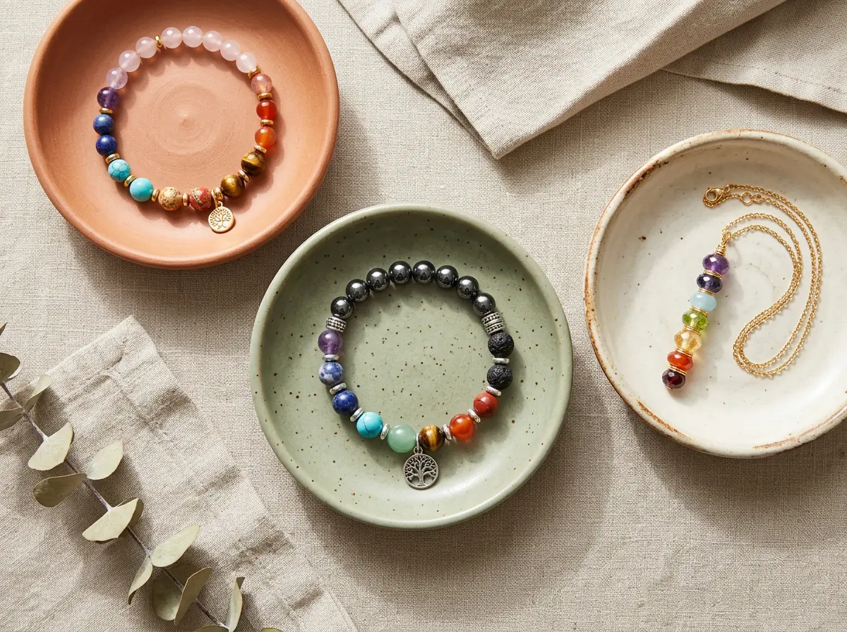 Several chakra bracelets and a chakra necklace displayed as gift options for her, him, and couples