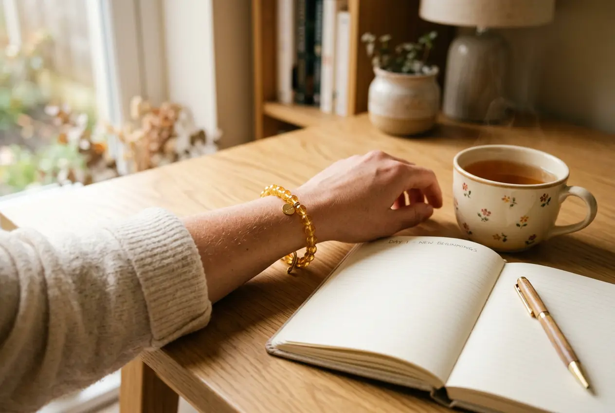 Golden citrine crystal bracelet worn on a wrist beside a notebook, symbolizing a confident new job start