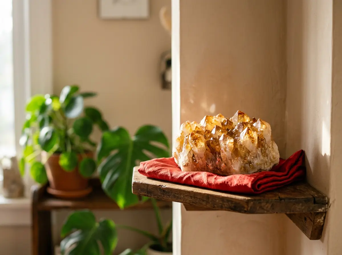 Golden citrine crystal cluster on a wooden shelf in the southeast corner of a living room, away from the bathroom