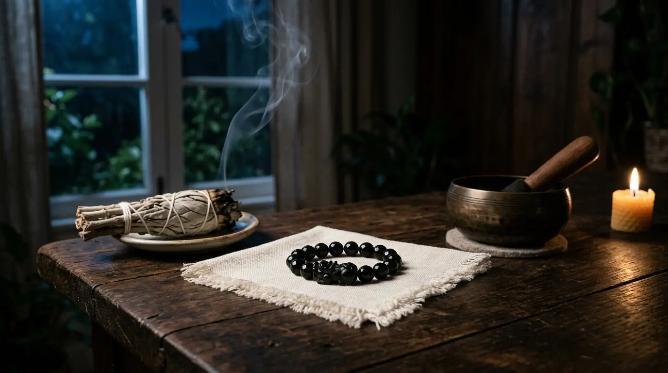 A feng shui bracelet being cleansed with white sage smoke and moonlight beside a singing bowl during an activation ritual
