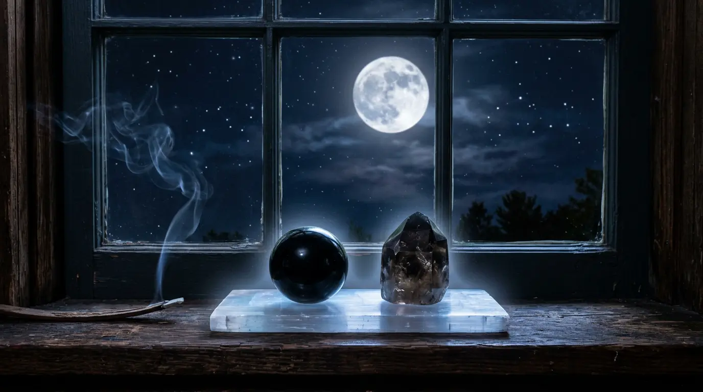 Black obsidian and smoky quartz crystals resting on a flat white selenite charging plate, bathed in cool blue-white moonlight through a window, with a dark night sky visible in the background