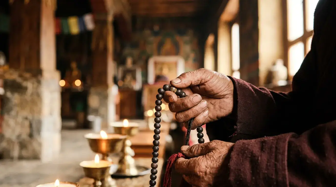 Hands holding a 108-bead Tibetan mala during daily meditation practice to cultivate good karma