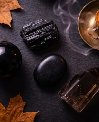 dark-crystals-protection-halloween-flatlay Four dark protective crystals — black obsidian, black tourmaline, black onyx, and smoky quartz — arranged in a flat lay on dark slate with dried autumn leaves and a lit candle