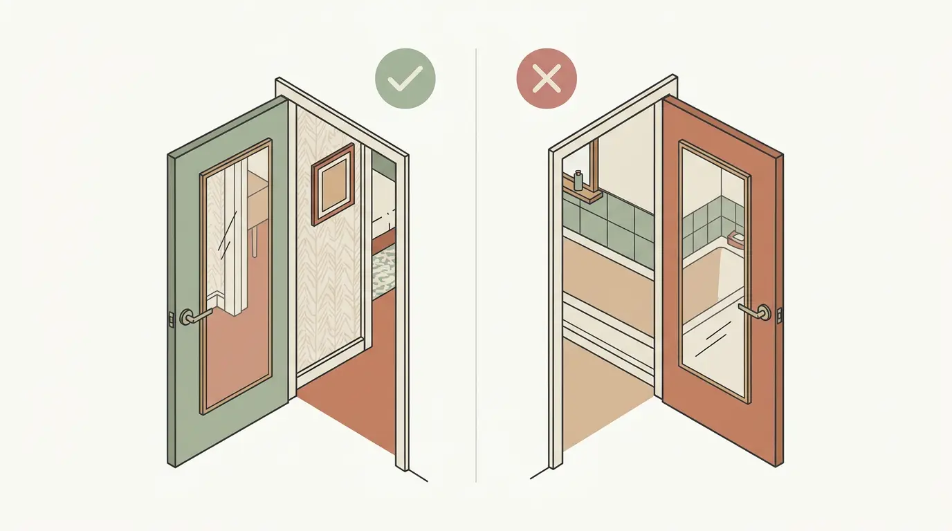 Side-by-side diagram comparing a mirror on the outside of a bathroom door versus the incorrect inside placement