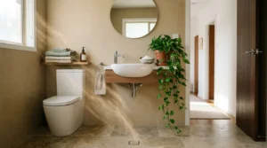 Feng shui bathroom with closed toilet lid, green plants, and earth-tone towels to stop wealth from draining