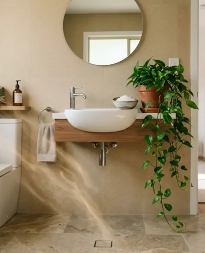 feng-shui-bathroom-stop-wealth-draining Feng shui bathroom with closed toilet lid, green plants, and earth-tone towels to stop wealth from draining