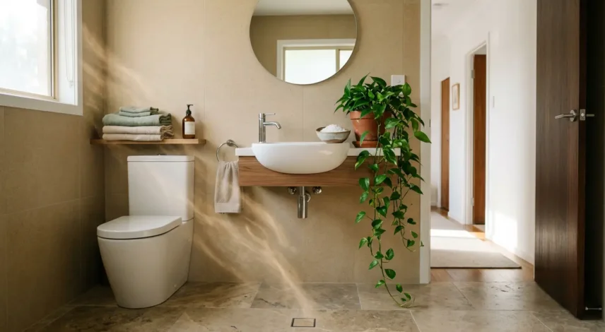 feng-shui-bathroom-stop-wealth-draining Feng shui bathroom with closed toilet lid, green plants, and earth-tone towels to stop wealth from draining