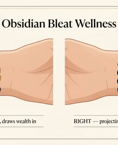 feng-shui-bracelet-left-hand-wearing-guide Diagram showing a feng shui Pixiu bracelet worn on the left wrist with the head facing outward toward the little finger