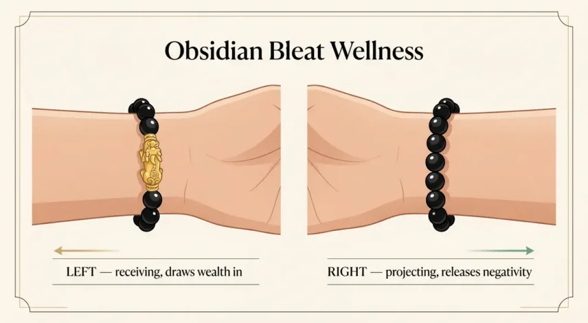 feng-shui-bracelet-left-hand-wearing-guide Diagram showing a feng shui Pixiu bracelet worn on the left wrist with the head facing outward toward the little finger