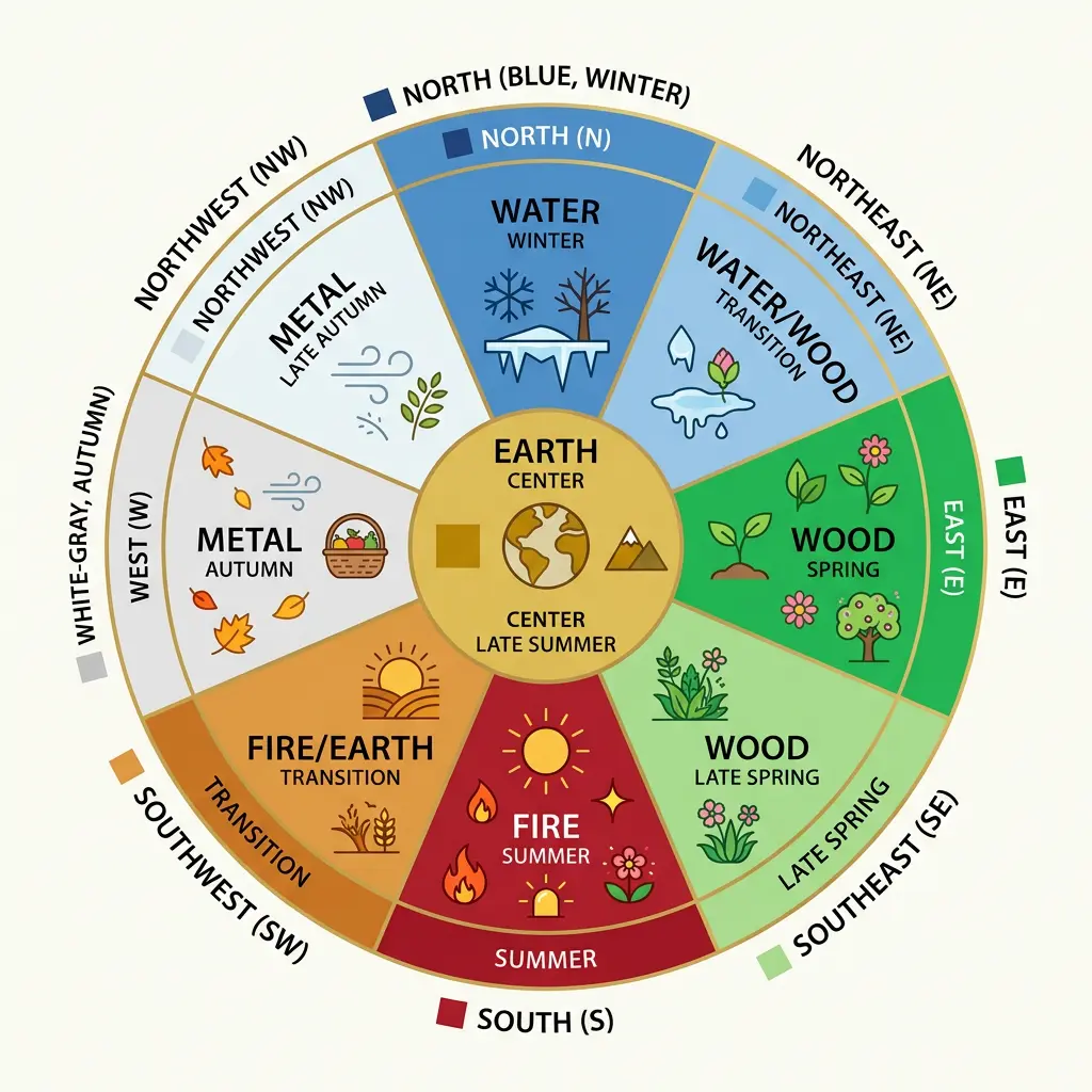 Feng shui chart matching each of the five elements to its colors, compass direction, and season for home balancing