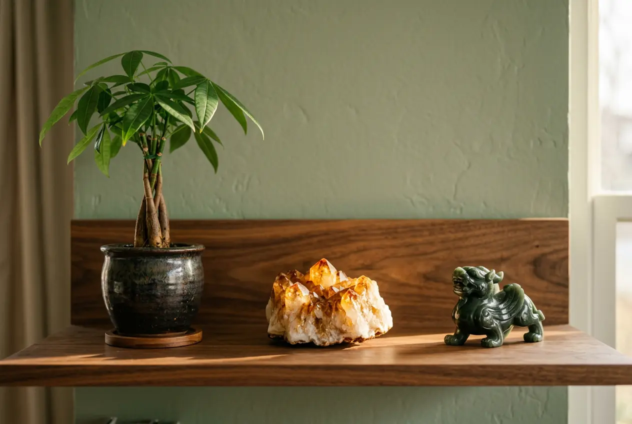 Feng shui wealth corner setup with a money tree, golden citrine crystal cluster, and a Pixiu figurine on a wood shelf