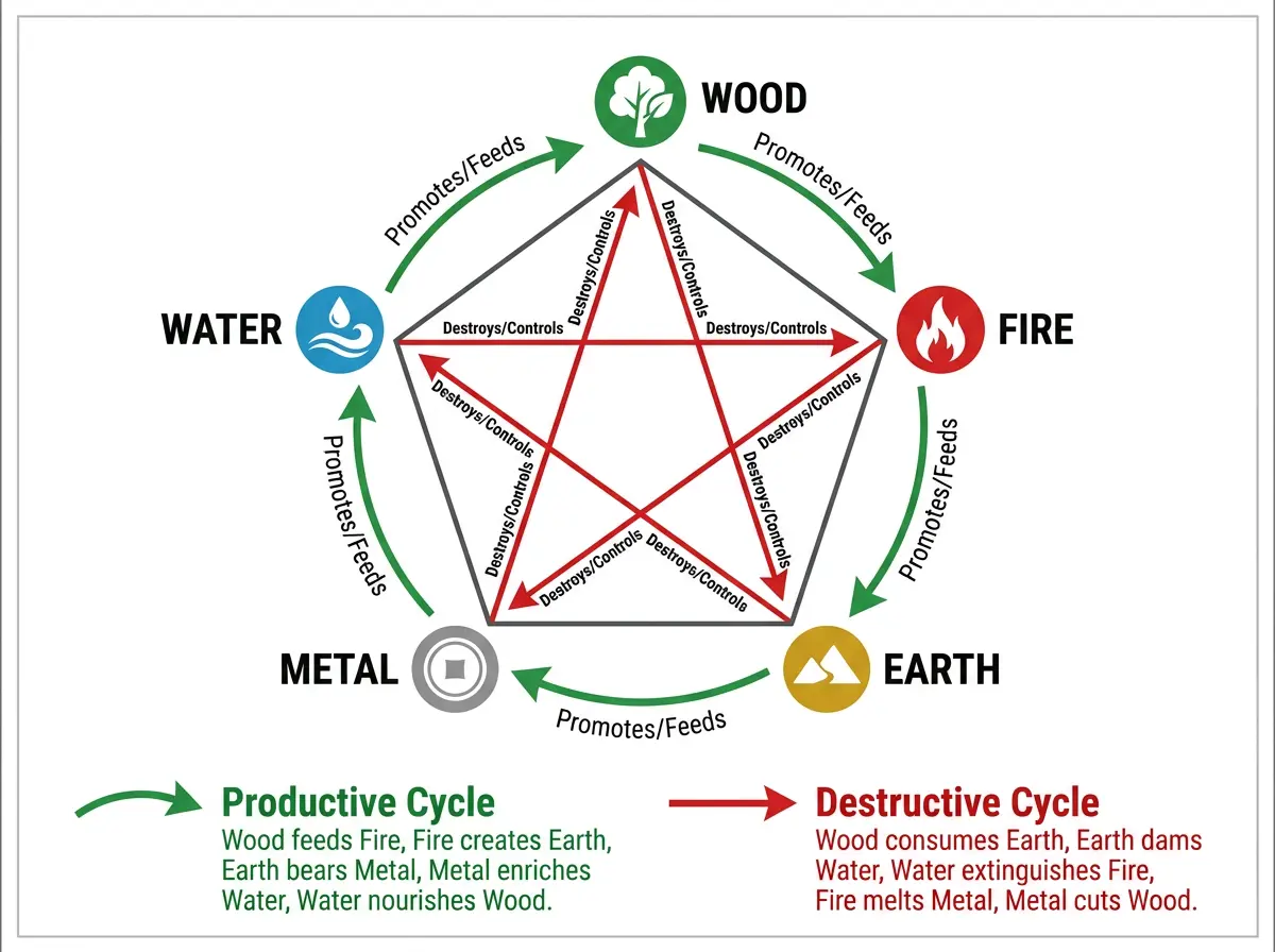 Diagram of the feng shui productive and destructive cycles showing how Wood, Fire, Earth, Metal, and Water generate and control each other